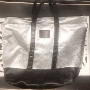 Large Metallic Silver and Black Victoria's Secret tote